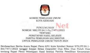 Ayo Simak !!! KPU Resmi Umumkan Anggota PPK Terpilih Kota Kendari, Berikut Namanya