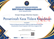 Pemkot Tidore Kembali Raih Penghargaan Dari BKN