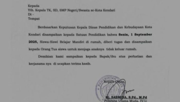 Dikbud Kota Kendari Liburkan Tatap Muka Sekolah Negeri dan Swasta pada 1 September 2025