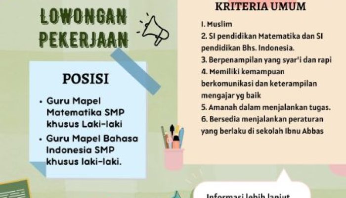 Loker, SMP Ibnu Abbas Kendari Terima Calon Guru Mapel