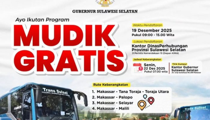 Program Mudik Gratis Nataru dari Gubernur Sulsel Siapkan 7 Armada Bus Bagi 250 Penumpang, Ini Rutenya