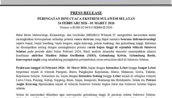 BMKG Peringatkan Potensi Cuaca Ekstrem di Sulsel hingga Awal Maret
