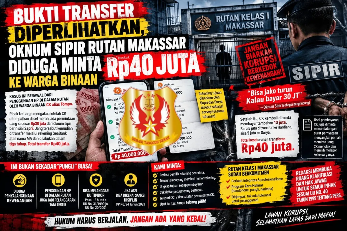 Dugaan Pungli Rp40 Juta di Rutan Makassar Mencuat, Keluarga Warga Binaan Tunjukkan Bukti Transfer