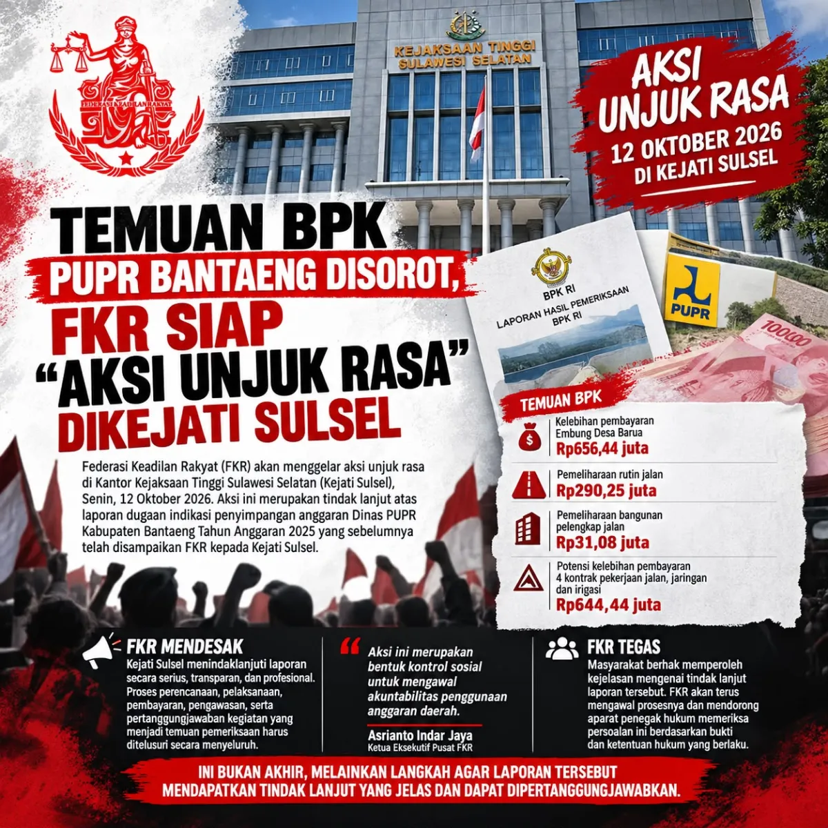 Temuan BPK Dinas PUPR Kabupaten Bantaeng Disorot, FKR Akan Lakukan Aksi Unjuk Rasa Dikejati Sulsel