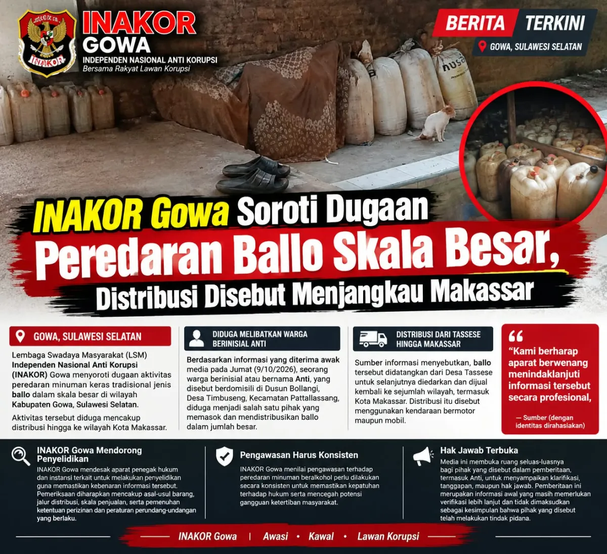 INAKOR Gowa Soroti Dugaan Peredaran Ballo Skala Besar, Distribusi Disebut Menjangkau Makassar