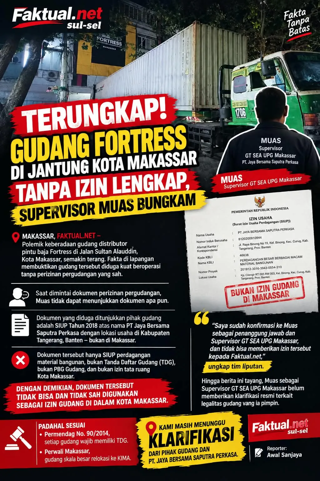 Terungkap! Gudang Fortress di Jalan Sultan Alauddin Makassar Diduga Belum Kantongi Izin Lengkap,