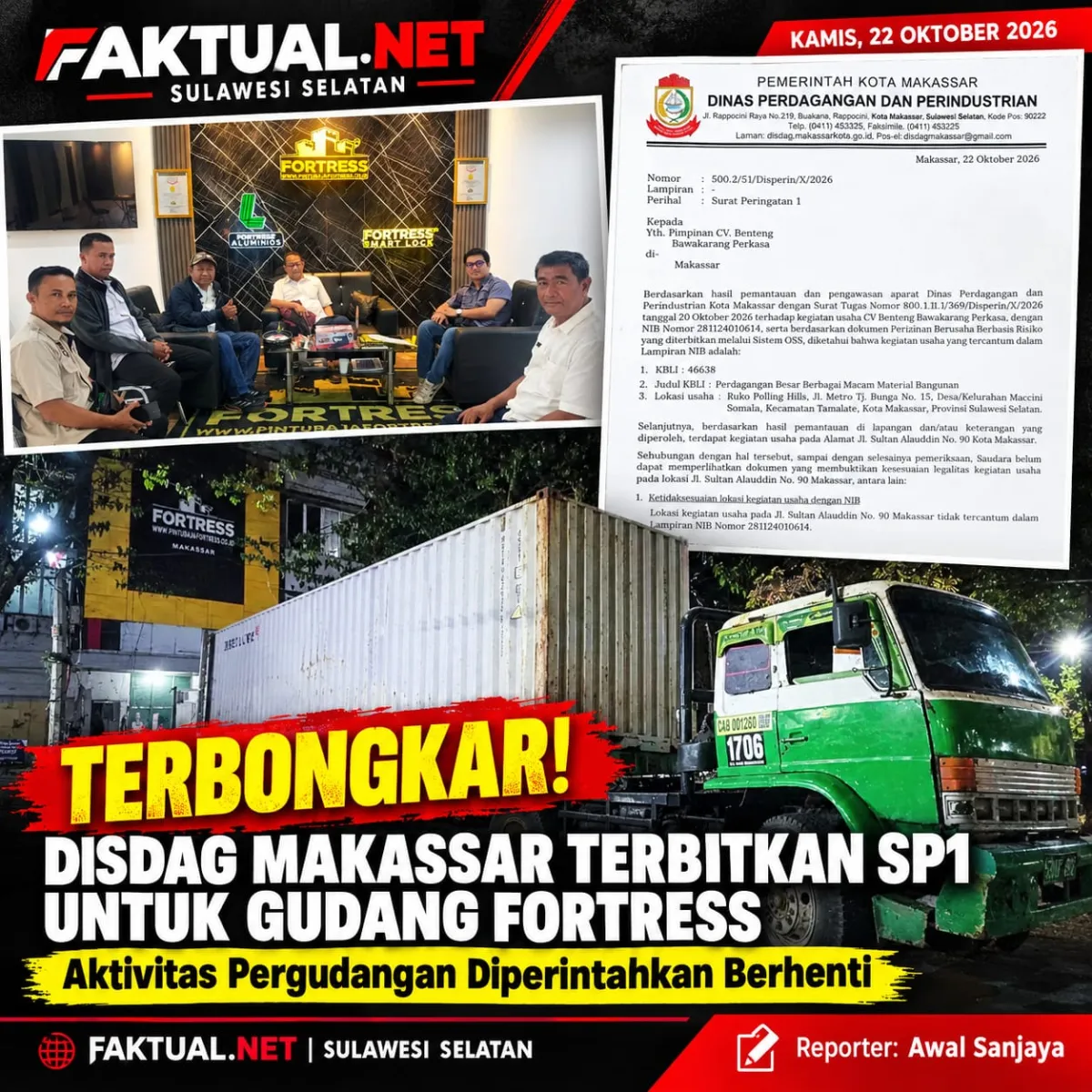 Disdag Makassar Terbitkan SP1 Untuk Gudang FORTRESS, Warga Desak Aktivitas Dihentikan Sebelum Surat Izin Diperjelas