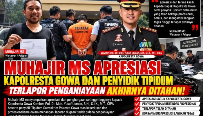Terlapor Akhirnya Ditahan! Muhajir MS Angkat Jempol untuk Kapolresta Gowa dan Tipidum