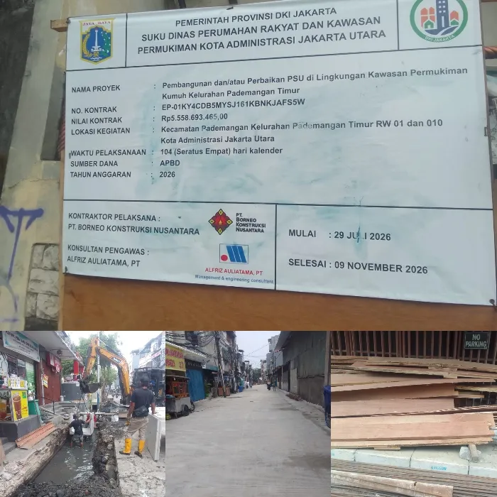Papan proyek Pekerjaan dilokasi kerja kelurahan Pademangan Timur